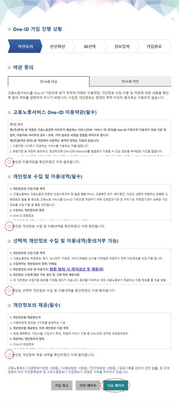 내일배움카드 온라인 신청 방법 따라하기 4 one-id 가입 약관동의 화면